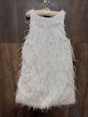 Zara Iridescent Feather-Trim Dress in Light Pink/Cream